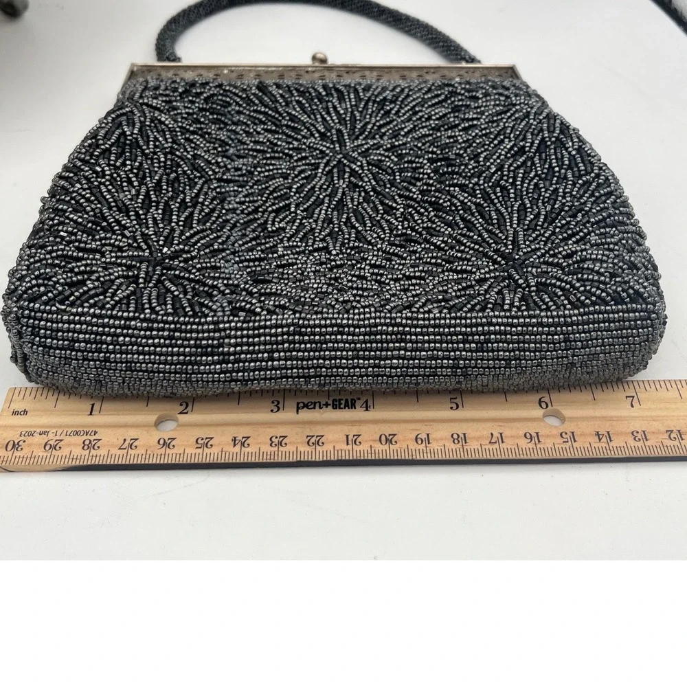 Vtg Beaded Blk Starburst Evening Bag Silver Filigree Kiss Lock Purse Mid century